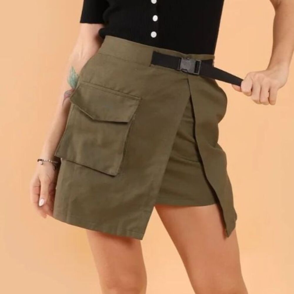 Y2K Utility Cargo Wrap Skirt XL Olive Green Gorp Tactical Asymmetric Mini Skirt